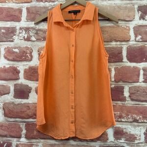 Boston Proper Top Women's M Orange Linen Blend Sleeveless Button Up Casual Shirt
